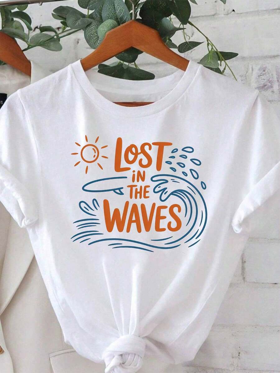 Perdido en las olas surf tema impresión mujer camiseta surf playa vacaciones top estilo de surf energético manga corta vibración tee