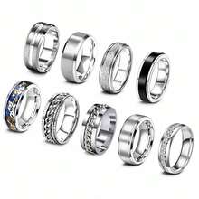 Set 9 Buah Cincin Rantai Stainless Steel Perak yang Dapat Diputar untuk Pria, Cincin Pernikahan Pria, Perhiasan Pertunangan dan Cinta Sehari-hari - Set perak sembilan buah - View 8