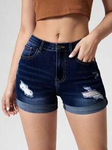 Pantalones Cortos De Mezclilla Con Borde Deshilachado - Azul lavado oscuro 2 - Ver 3