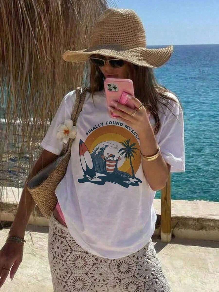 Nueva camiseta gráfica de verano para mujer "Por fin me encontré a mí misma", ajuste holgado, estilo de vacaciones, ideal para playa, viajes, paseos y fiestas en piscina