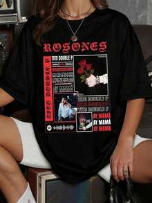 Camiseta de mujer con estampado inspirado en Rosones de Tito Double P, rosas rojas y frase "Ay Mamá", ideal para fans y uso diario - Blanco - Ver 8