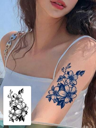 Blue Floral Line Temporary Tattoo, Waterproof & Long-Lasting, Arm/Upper Arm Decoration, Ins Style