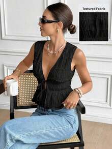 Blusa de verano con diseño de volantes y lazo, cuello en V romántico francés, cintura ajustada con lazo, sin mangas, diseño de bordado 3D plisado, color crema, fresca, estilizadora y dulce, top casual para verano, salir, playa, vacaciones, vacacio - Negro - Ver 1
