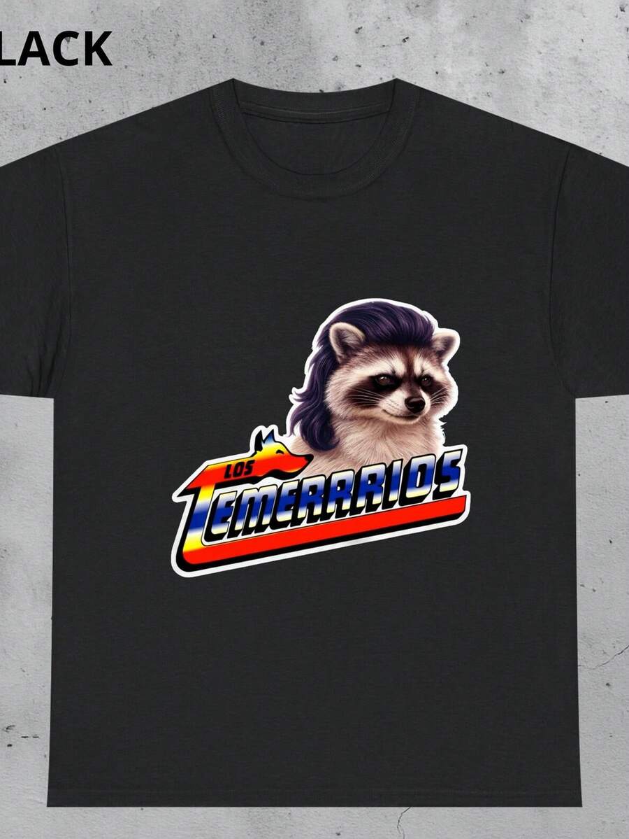 Español mexicano divertido, camiseta divertida de mapache mullet, camiseta meme, gráfico de animales humorístico, parodia de logotipo de banda vintage, regalo. Camiseta unisex de 220 g 100% algodón, peso ideal para todas las estaciones, adecuada tanto para hombres como para mujeres. Tejido de alta calidad y duradero, suave al tacto y de larga duración. Top transpirable, adecuado para la ropa de otoño de las mujeres, ropa de vacaciones, Día de la Madre, celebraciones del Día de la Independencia y como regalo. - Negro - Ver 1