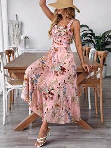 Vestido deslizante casual y elegante con diseño de cintura elástica, lazo de moño y estampado floral para vacaciones y uso diario de mujer - Rosa vieja - Ver 5