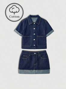 Maija Conjunto casual de blusa de manga corta de un solo pecho y falda de mezclilla para mujer - Azul lavado oscuro 2 - Ver 9