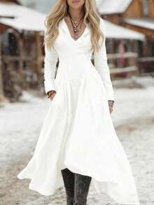 New  Women's Dress, Denim Style, Long Sleeves, Fitted Cut, Appliqué/Fabric Mix Design, Casual Style, Flattering Design, Perfect For Everyday And Urban Looks - 白色 - 查看 5