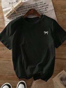 Summer Clothes 2026 Summer Shirt 2026 Loose Short Sleeve Dolman Style T-Shirt With Bow Print Loose And Comfortable Summer Tops Loose And Comfortable Summer Tops - High Quality And Breathable - 黑色 - 查看 2