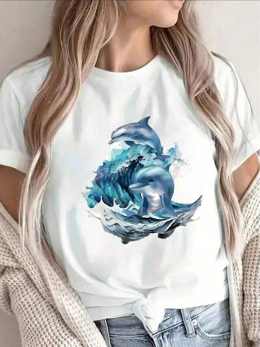 Loose Tops Women's T-Shirts, Mother's Day, Casual Blouses For Ladies, Women's Tops, 2000s Style, Black Short Sleeve T-Shirt With Ocean Wave Design, Lightweight And Durable For Casual Wear At Home, Restaurants, Or Outdoors, With Vibrant Blue Print And Comfortable Fit. Women's Cotton T-Shirt, Breathable And Sweat-Absorbent, Short Sleeve For Summer - 白色的 - 查看 1
