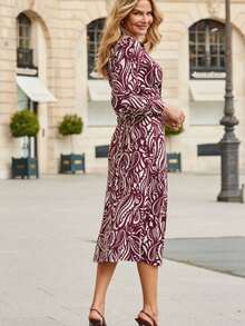 Vestido largo de manga larga para mujer, de otoño-invierno, estampado, diseño de botones con nudo/twist, corte ajustado y favorecedor, estilo casual y elegante, perfecto para el día y la noche - Burdeos - Ver 6