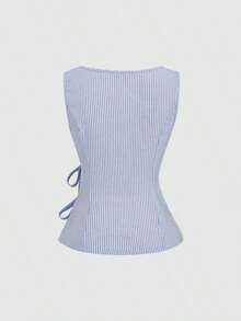 Camisa sin mangas con cuello redondo de estilo universitario retro y a cuadros, con diseño sexy para mujer.Nueva blusa de verano con cordones, ajuste ceñido y delicado estilo femenino y dulce - Azul y blanco - Ver 3