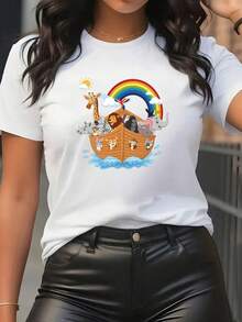 Women's Short Sleeve T-Shirt With Simple And Versatile Design - 2D Cartoon Print With Noah's Ark And A Group Of Rainbow Animals, Round Neck, Casual, Suitable For All Seasons, Available In Various Colors And Sizes, Festive Fashion, Retro Aesthetic, Breathable Material, Cotton T-Shirt With Fun Print. - 白色 - 查看 7