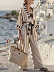 Holidaya Mono de mujer con cuello en V, estampado digital, con cinturón en la cintura, manga 3/4, versátil para vacaciones, playa, verano y otoño, nueva llegada 2026, elegante y de moda para uso diario, ir al trabajo, citas, fiestas de noche, jardín - Multicolor - Ver 6