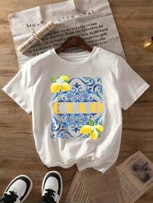 Plus Size, Plus-Size Fashion T-Shirt With Ciao Lemon Print, Casual Short-Sleeved Shirt With Round Neck, Spring And Summer Style, Plus-Size Women's Clothing. Summer Tops - White - View 6