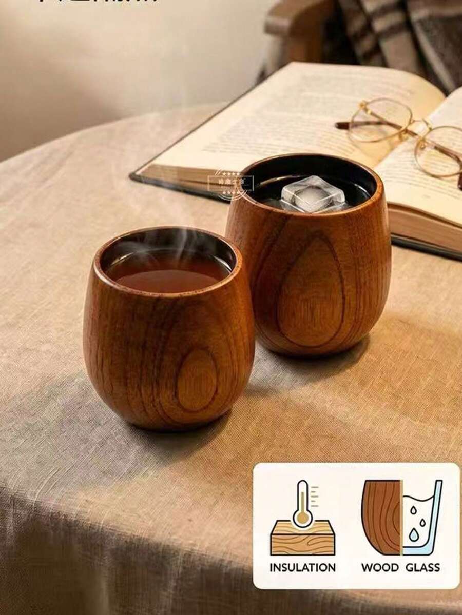 1个日式枣木迷你杯 140ml 木质肚形杯 小酒杯 复古保温杯 餐厅适用 - 棕色 - 查看 1