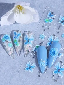 5D Butterfly Rose Rhinestone Nail Stickers 3pcs Gradient Rose Red Blue Green Hibiscus Flower Petal Clear Rhinestone Gem Jewelry Chain Embossed Manicure Tips Design DIY Y2K Spring Summer Self-Adhesive Decal Slider Salon Nail Decoration Nail Supplies - Multicolor - View 10