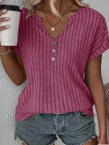 Primavera/novedad de verano, top acanalado de color sólido con cuello en V y botones decorados, camiseta elegante para mujer S-2XL - Fucsia - Ver 6