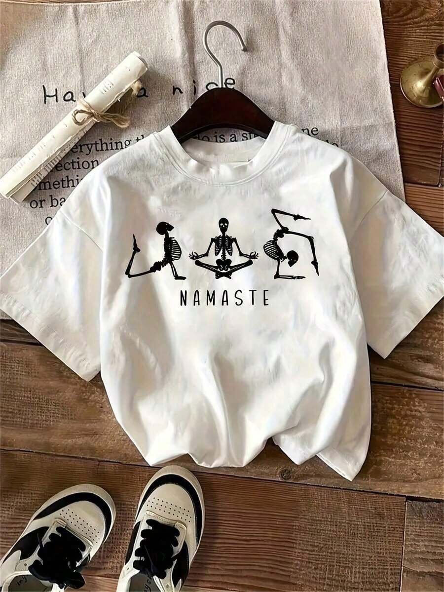 1pc Women's Short-Sleeve T-Shirt With Yoga Skull NAMASTE Print, Soft And Comfortable, Sweat-Absorbent And Breathable, Loose Fit, Suitable For Daily Wear, Perfect Holiday Gift, Birthday Gift, Suitable For Everyday Outfits. Breathable Fabric, Vintage-Vintage Street Style Unisex Loose Cotton Short Sleeve Crew Neck T-Shirtblusas para mujer. blusas.blusas casuales para dama. - Blanco - Ver 1