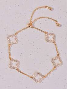 1 pieza Pulsera minimalista de trébol de cuatro hojas, accesorio de flor de lujo francés con circonita cúbica (caja de regalo no incluida) - Oro 3 - Ver 3