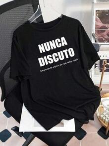 short-sleeveCamiseta gráfica con eslogan español de verano para mujer, top casual y cómodo para uso diarioCuello Redondo Algodón  Tejido Suave Manga Corta Transpirable y Fresca Unisexo100% Cotton - Negro - Ver 4