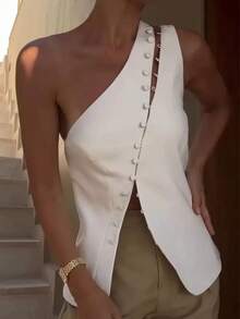 Womens One Shoulder Tank Tops Stylish Diagonal Buttons Asymmetrical Hem Solid Color Slim Fit Sleeveless Vest For Summer - White - View 2