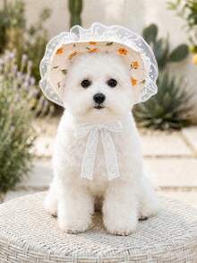 1pc Pet Hat For Small Dogs, Poodle, Teddy, Bichon Frise, Spring/Summer Sun Protection Accessory - Marigold - Multicolor - View 1