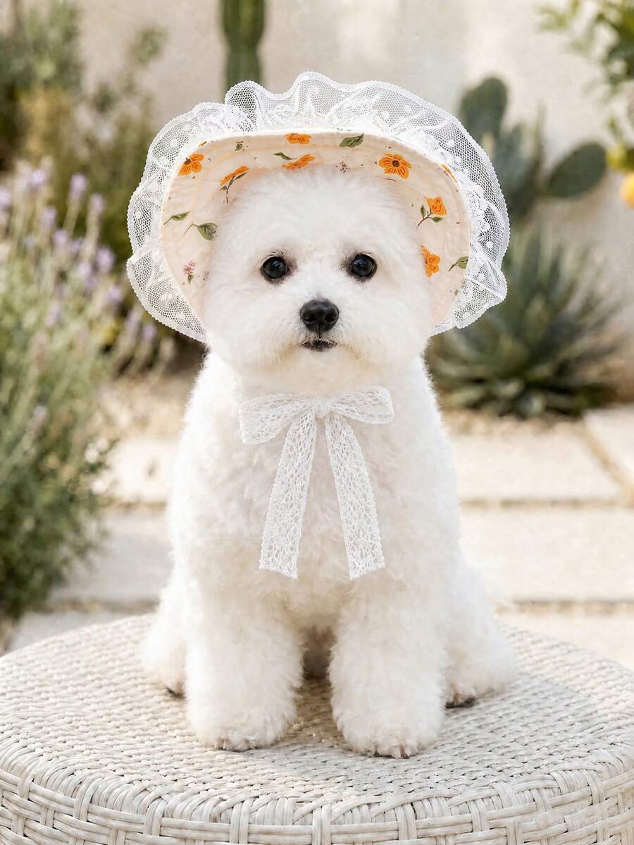 1pc Pet Hat For Small Dogs, Poodle, Teddy, Bichon Frise, Spring/Summer Sun Protection Accessory - Marigold - Multicolor - View 1