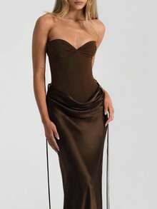 New Arrival Solid Strapless Dress Set High Waist With Bow Flowy - 紫紅色 - 查看 1