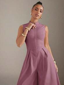 Mono sin mangas con cremallera frontal y piernas extra anchas - Morado - Ver 2