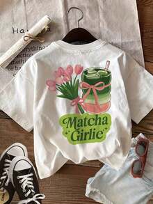 Women's Solid Color T-Shirt With Double-Sided Print, Cute Style, Tulip, Iced Drink And Matcha Design, Casual, Crew Neck, Short Sleeve, Summer Top. - White - View 2