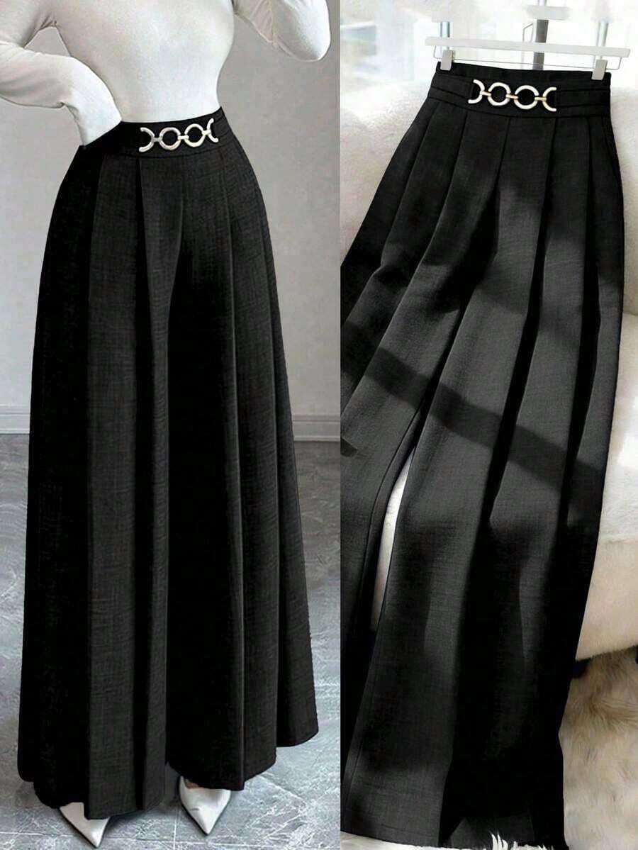 Nuevos pantalones casuales y elegantes para mujer con cintura alta, cremallera lateral, diseño de botones decorativos y pierna acampanada, adecuados para primavera y otoño - Negro - Ver 1