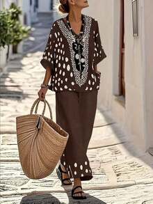 Conjunto de 2 piezas de blusa con escote en V estampado de lunares y pantalones rectos y sueltos de pierna ancha, conjunto de vestir casual para vacaciones para mujeres - Multicolor - Ver 5