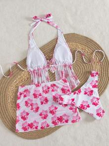 Conjunto de bikini sexy con tirantes de espagueti y estampado aleatorio para mujeres 2026, conjunto de verano, elegante, Día de San Valentín, playa, vacaciones, casual, único, conjunto de verano, conjunto de vacaciones de verano, primavera, conjunto de Día de San Valentín para mujeres, carnaval - Multicolor - Ver 2