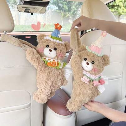 Cute Bear Car Tissue Box, High-Quality Material, Fashionable And Novel Car Tissue Box Decor, Best Choice For Ladies, Can Be Used As Car Hanging Accessory Or Indoor Decoration