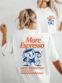 [Double-Sided Printed] Short-Sleeved T-Shirt With Dropped Shoulders And The Retro-Style Lettering "More Espresso LESS," Summer T-Shirt - White - View 9