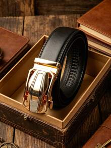 Luxury Gold Buckle Men's Automatic Belt, Litchi Texture Leather Belt, Multifunctional Black & White Casual Business Waist Belt, Adjustable Fashion Belt Accessory, Classic Minimalist Design, Suitable For Daily, Office, Date, Party And Seasonal Matching - Multicolor - View 1