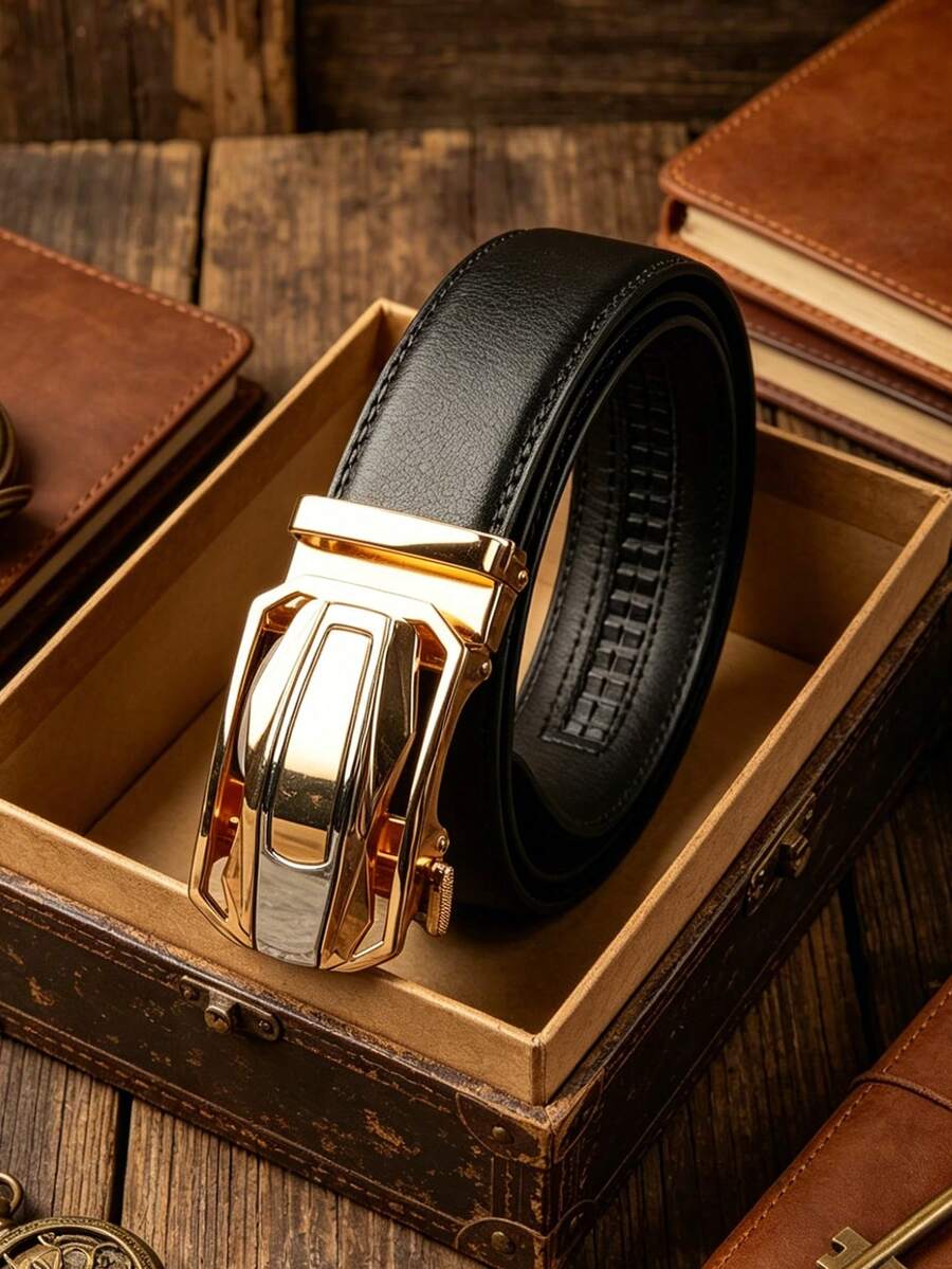 Luxury Gold Buckle Men's Automatic Belt, Litchi Texture Leather Belt, Multifunctional Black & White Casual Business Waist Belt, Adjustable Fashion Belt Accessory, Classic Minimalist Design, Suitable For Daily, Office, Date, Party And Seasonal Matching - Multicolor - View 1