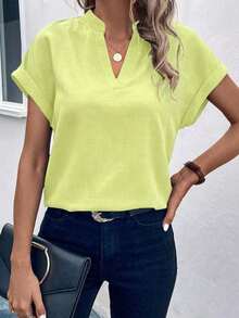 Camisa de verano para mujer de unicolor con escote en V estilo murciélago, manga corta - Verde - Ver 1