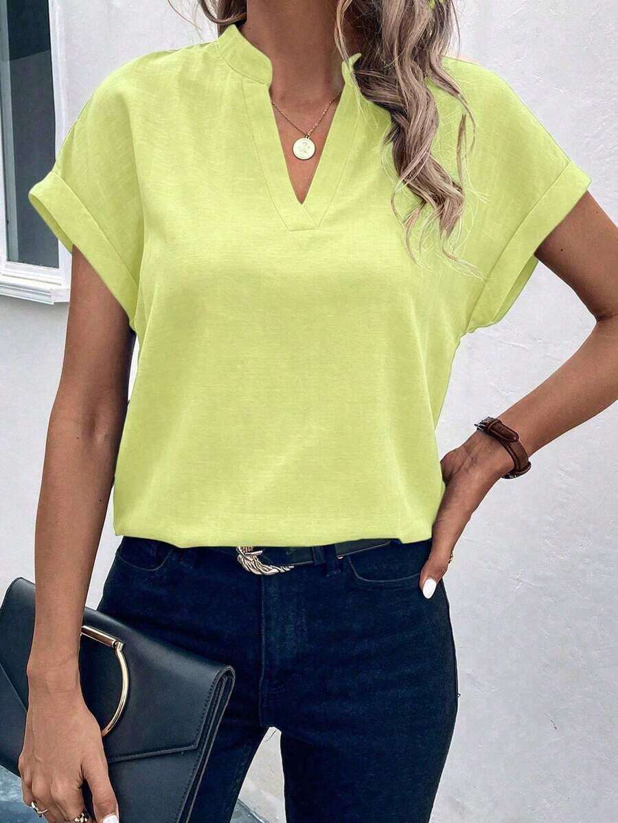 Camisa de verano para mujer de unicolor con escote en V estilo murciélago, manga corta - Verde - Ver 1