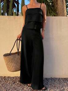 Conjunto de 2 piezas de top de tirantes con volantes y pantalones sueltos casuales de verano para mujer - Negro - Ver 5
