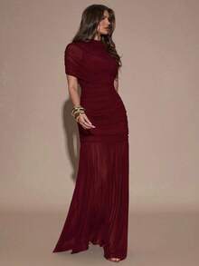 X GALILEA   Vestido ajustado con pliegues elegantes, adecuado para cóctel, cita romántica, capas de otoño/invierno, fiesta, reunión formal, Halloween, Navidad - Burdeos - Ver 7