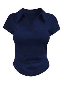 Camiseta casual versátil de mujer con cuello y mangas cortas plisadas - Blanco 2 - Ver 5