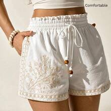X Scot Louie White Woven Women's Casual Boho Color Block Embroidery Comfy Shorts Bead Strap Graduation - Negro - Ver 2