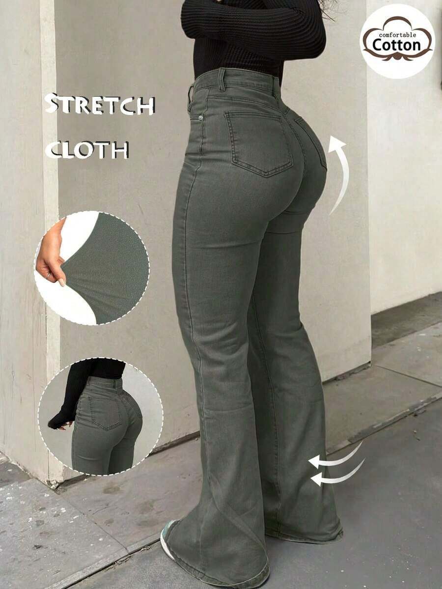 GILIPUR Jeans acampanados de talle alto estilo Y2K, pantalones de mujer de unicolor, elásticos y elegantes, de mezclilla lavada en azul medio, pantalones de moda callejera casual - Verde militar - Ver 1