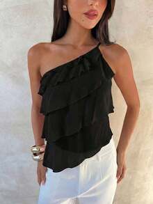 Nueva blusa elegante y romántica de primavera/verano para citas, Día de San Valentín, temporada de bodas, de gasa rosa con un hombro, espalda descubierta, volantes en capas, blusa sexy con volantes para la playa, atuendo de boda, camisa rosa elegan - Negro - Ver 6