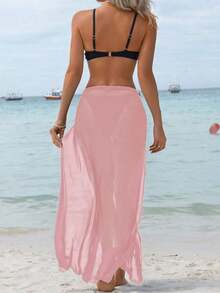 Falda de malla con abertura alta para vacaciones de verano en la playa + Adorno de concha y estrella de mar con ribete de cinta para mujer - Rosa - Ver 2