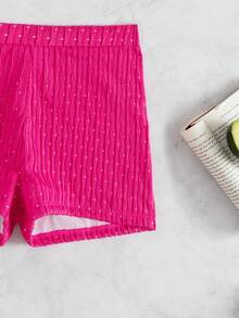 2 piezas Conjunto de bikini de unicolor con textura, tipo halter, adecuado para vacaciones de verano en la playa - Rosa Fucsia - Ver 6