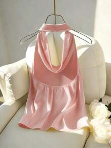Nueva llegada Primavera/Verano Camiseta ajustada con cuello halter y espalda descubierta para mujer - Rosa Pálido - Ver 2