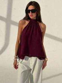 Camiseta sin mangas de gasa con cuello halter, fruncida y con línea A, de estilo bohemio minimalista y sexy, color morado berenjena, para primavera/verano - Burdeos - Ver 5