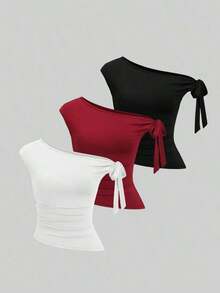 Set de 3 camisetas casuales de mujer de unicolor con hombro asimétrico y cómodas - Multicolor 4 - Ver 1